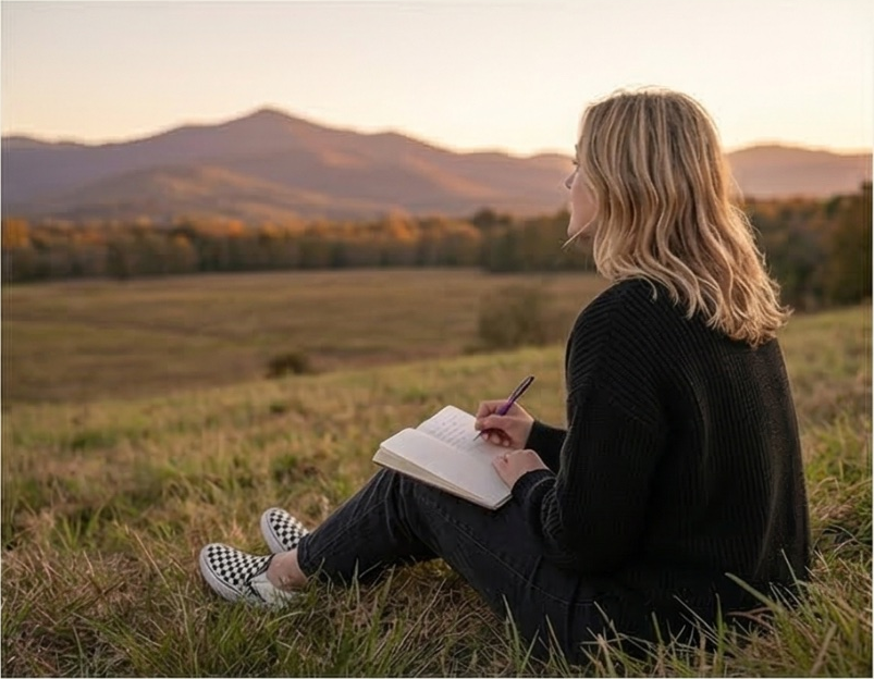 Bree writing in a field at golden hour