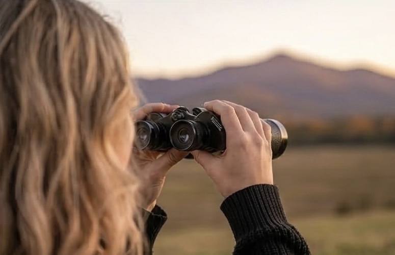 A camera held outdoors