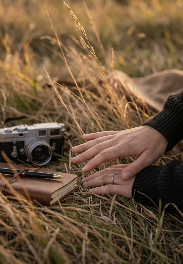A camera and notebook in the grass