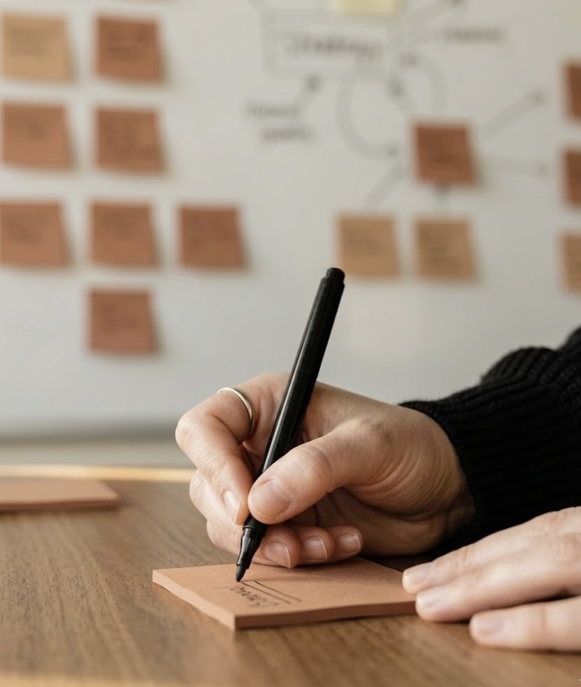 Writing a note beside a wall of ideas