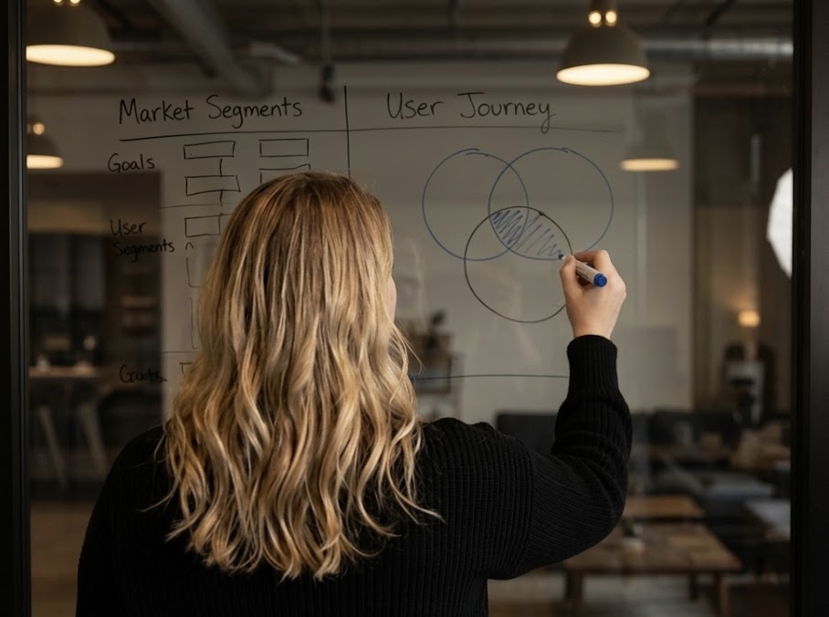 Bree working through a user journey on a whiteboard